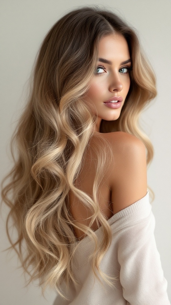 A woman with long, shiny waves stands confidently, showcasing a soft glam hairstyle.