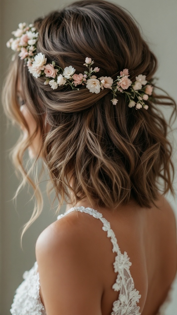 A woman with shoulder-length hair styled in half up half down with soft waves and floral accents