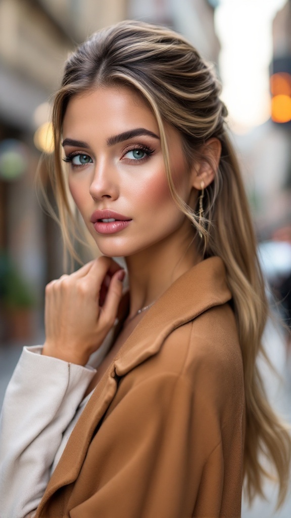 A woman with sleek half up half down hairstyle, styled elegantly with flowing hair and soft waves.