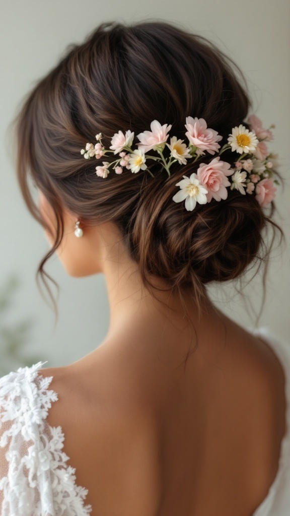 A low messy bun hairstyle with flowers, perfect for a wedding.