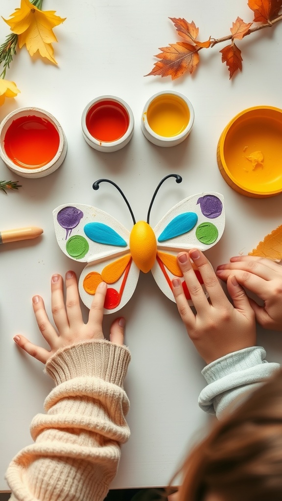 Children painting a colorful butterfly craft made from an egg carton, with paint pots in bright colors around them.