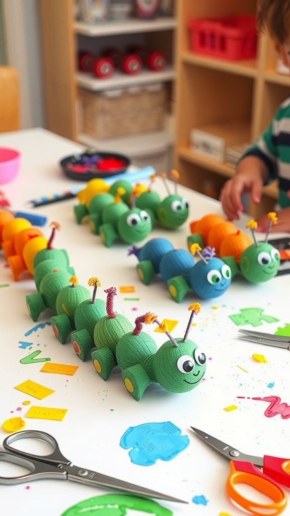 Colorful egg carton caterpillars on a table with craft supplies