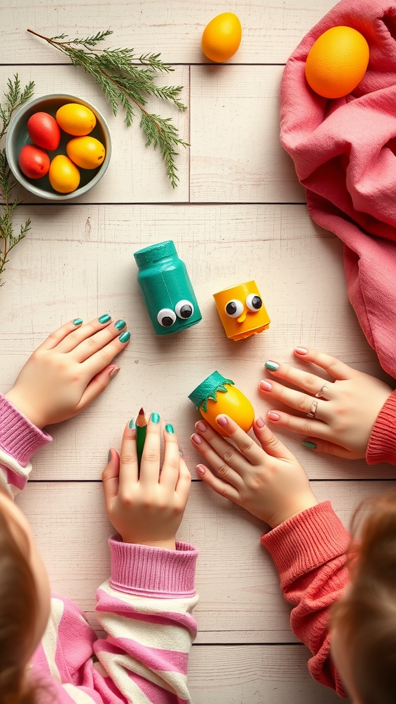 Children's hands crafting colorful caterpillars from egg cartons with paints and googly eyes