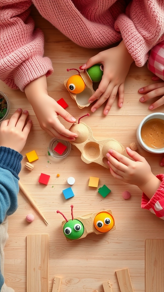Children's hands creating colorful caterpillars from egg cartons and craft materials.