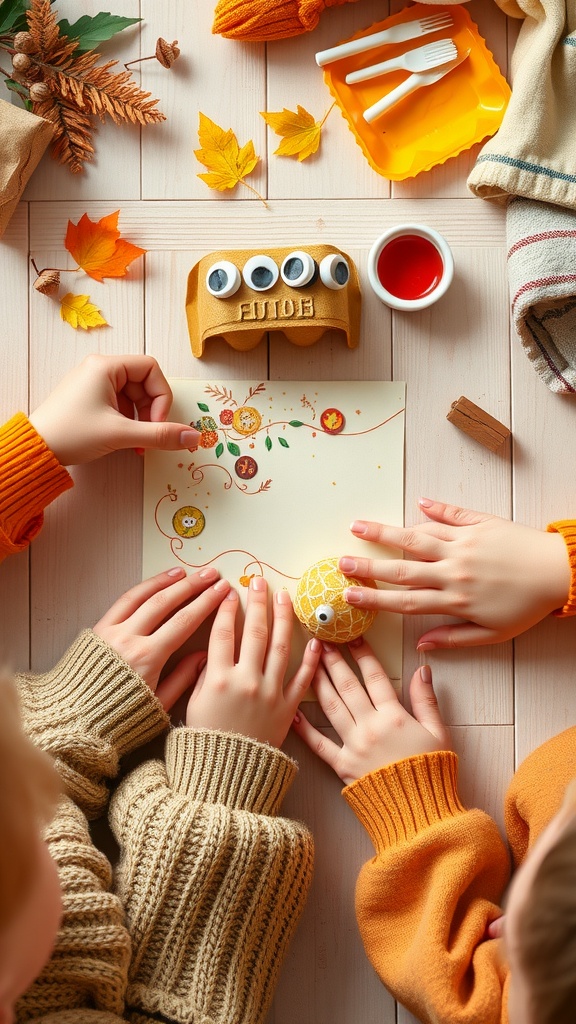 Children's hands working on egg carton crafts with autumn leaves and paints on the table.