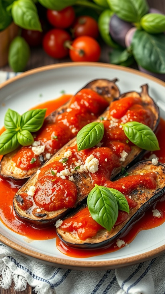 Baked eggplant slices topped with marinara sauce and fresh basil leaves on a plate
