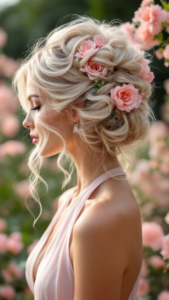 A woman with an elaborate floral updo hairstyle adorned with pink roses, wearing a halter neck dress.