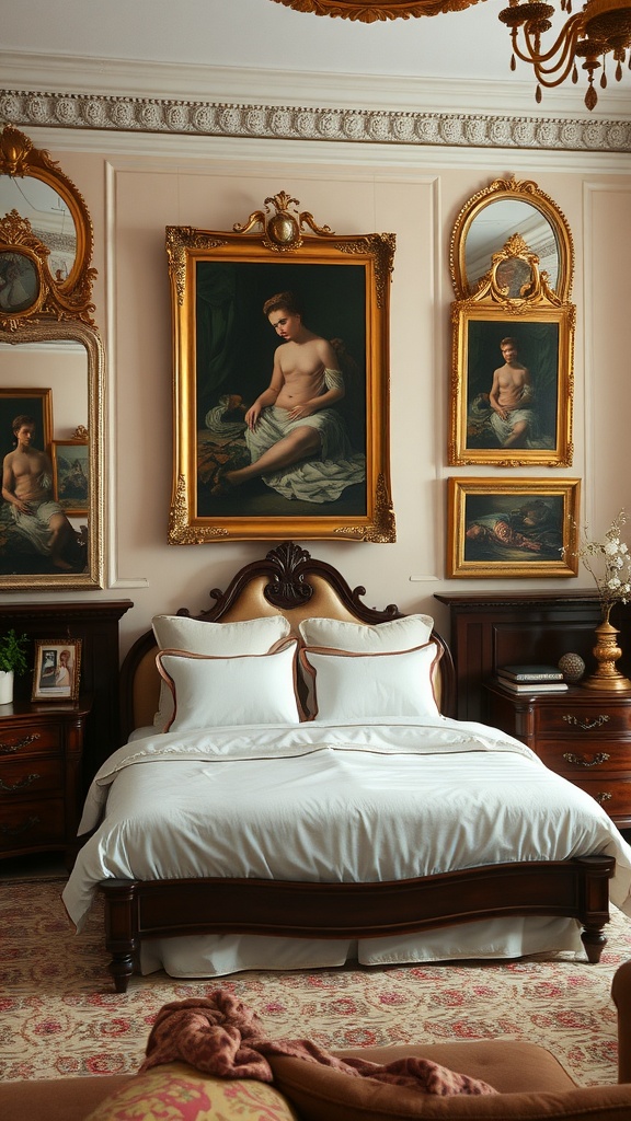 An elegant luxury bedroom featuring ornate gold-framed artwork, a plush bed, and rich decor.