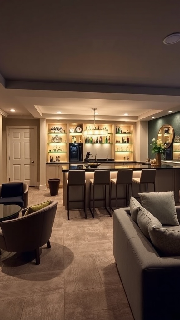 Elegant basement bar area with stylish furniture and illuminated shelves