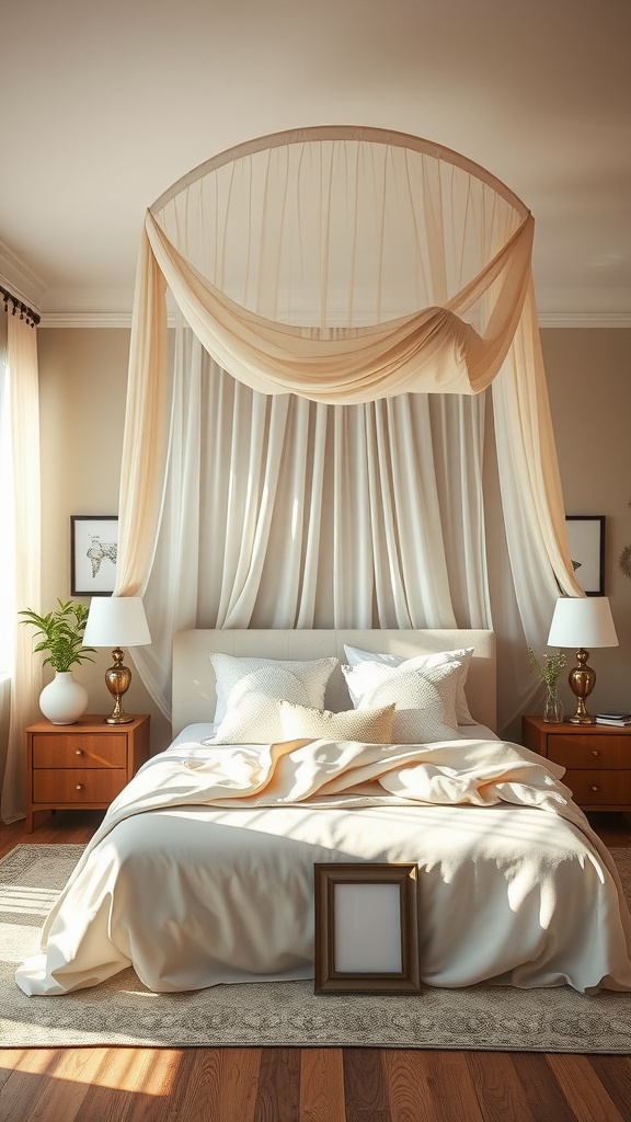 A cozy bedroom featuring a bed canopy with soft fabric draping over a neatly made bed and stylish bedside lamps.