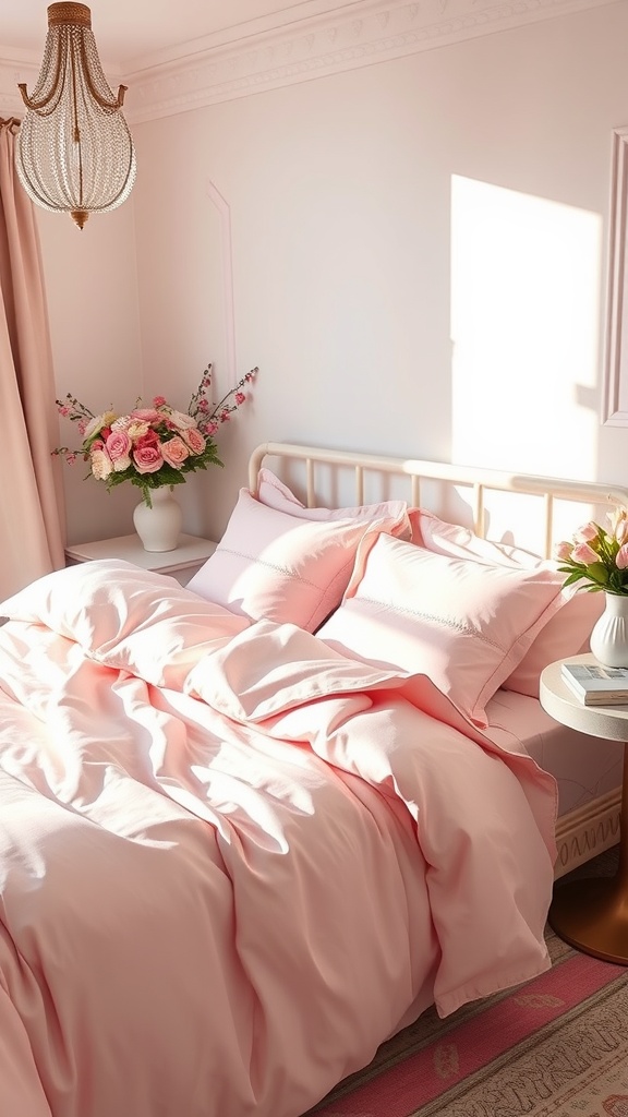 A cozy bed with soft pink linens and a floral arrangement, illuminated by soft sunlight.