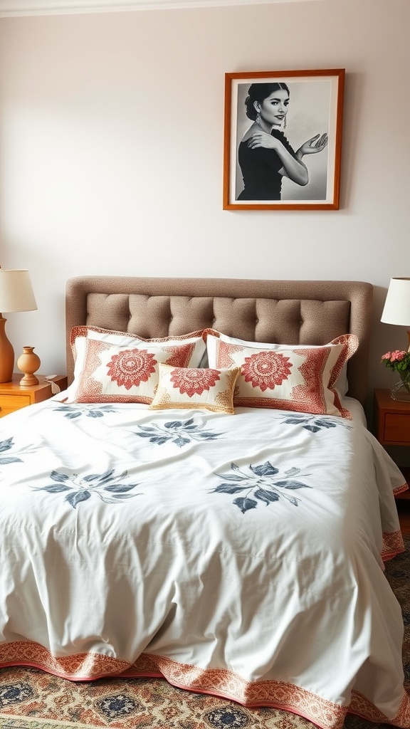 A modern bedroom with a neatly made bed featuring white linens with blue floral motifs and red cushions, accompanied by wooden furniture and decorative lighting.