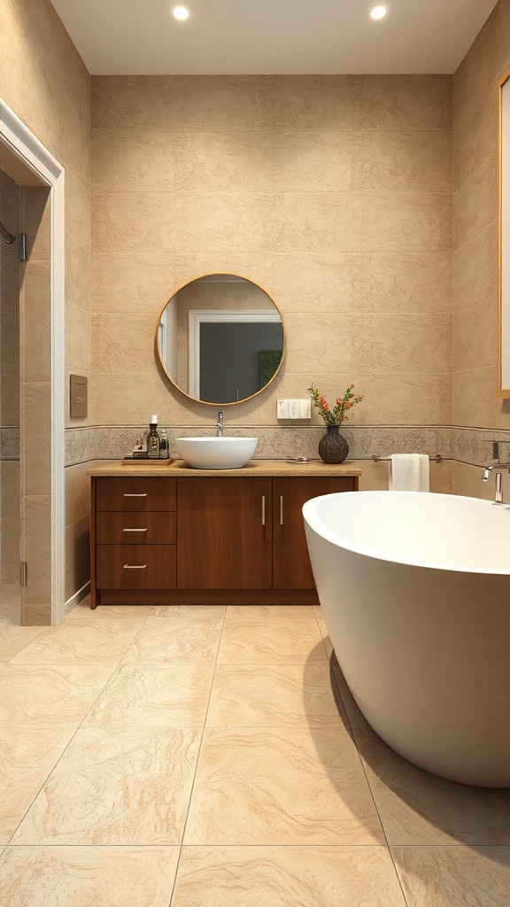 A modern bathroom featuring beige textured tiles, a wooden vanity, and a white bathtub.