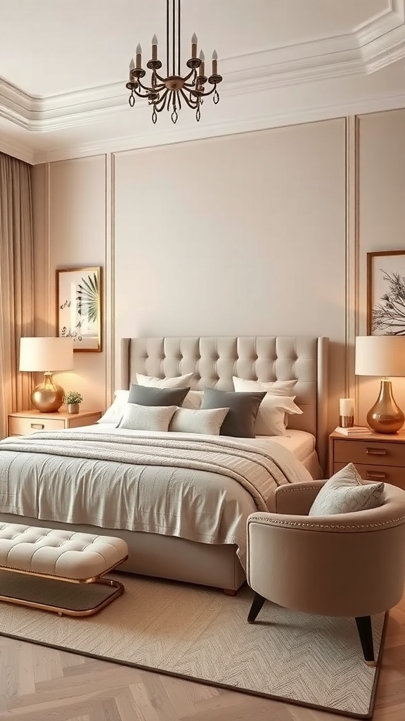 A stylish beige bedroom featuring a tufted headboard, metallic accents, and elegant decor.