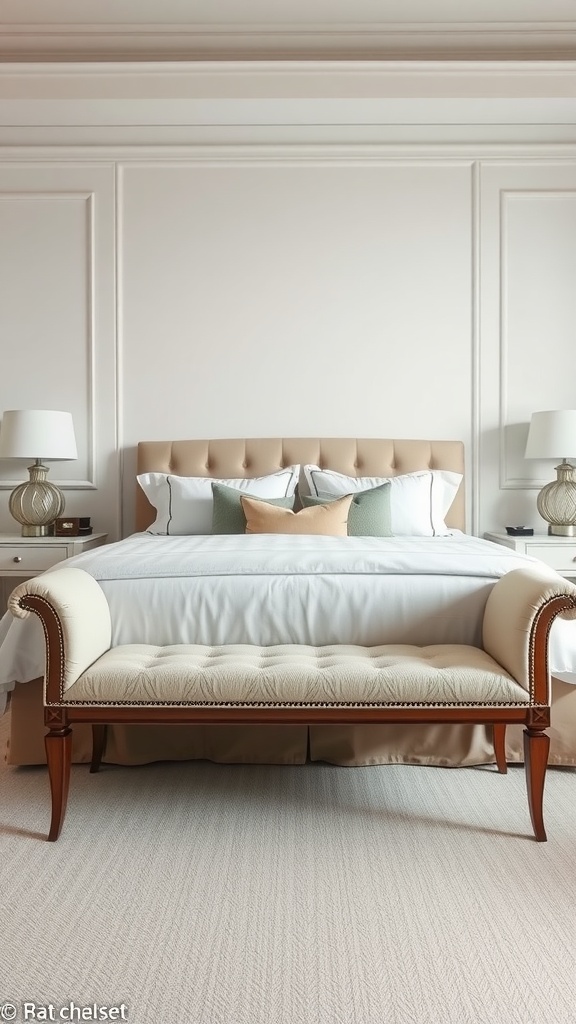 Elegant bench with side armrests placed at the end of a bed, enhancing bedroom decor.