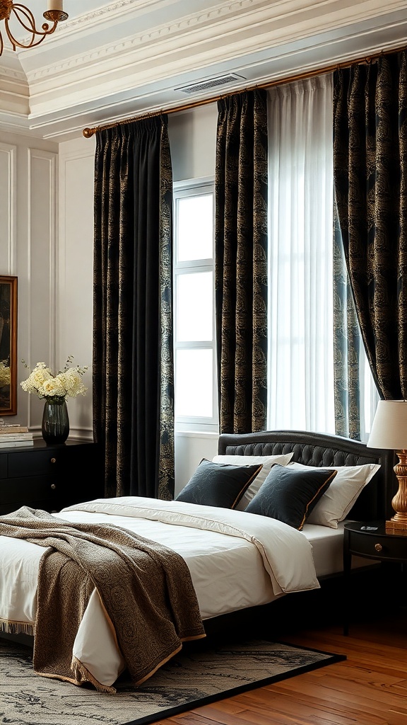 A stylish bedroom featuring black and gold curtains, a comfortable bed, and elegant decor.