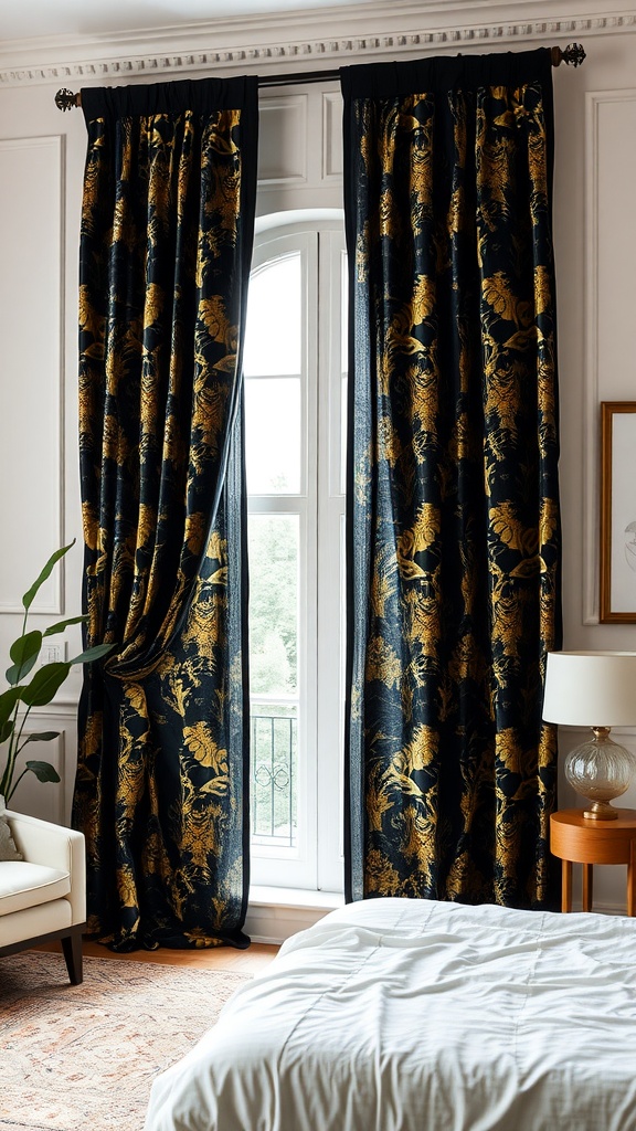 Black and gold drapes in a stylish bedroom setting.