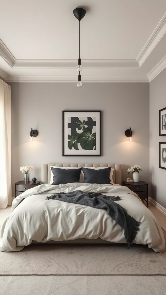 A beautifully designed bedroom featuring a greige color palette with black accents, showcasing soft bedding and elegant decor.