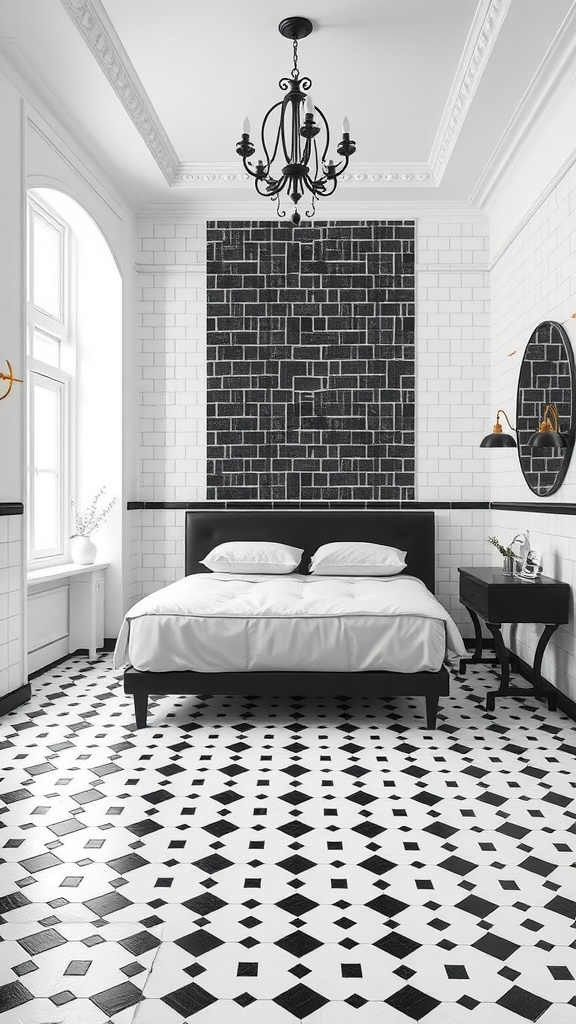 A stylish bedroom with black and white tiled floor, showcasing a diamond pattern and featuring white walls and a black accent wall.