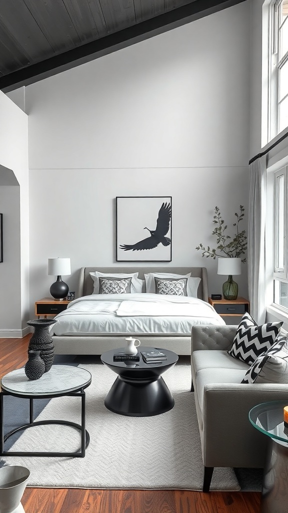 A stylish black and white living room featuring a bed, sofa, and modern decor.