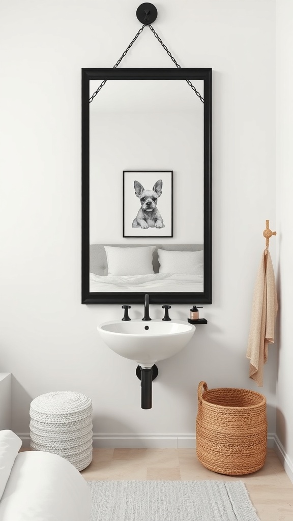 A minimalist bathroom featuring a black framed mirror, a white sink, and decorative elements.
