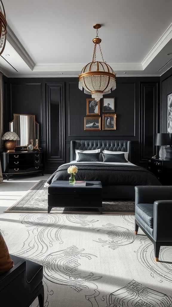 A stylish bedroom featuring black furniture, including a bed, nightstands, and chairs, with elegant decor.
