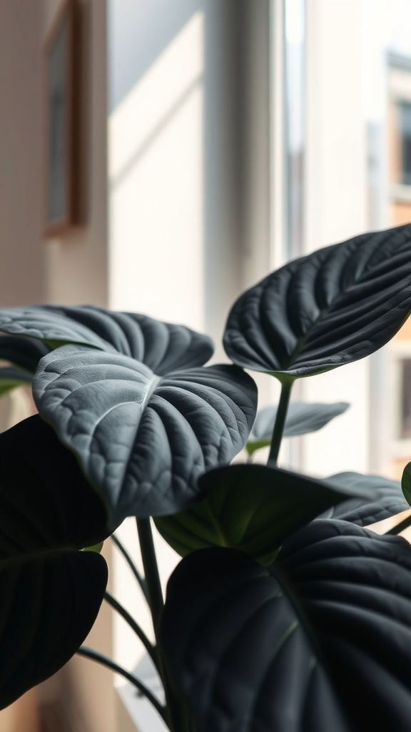 Close-up of black velvet leaves with natural light coming through a window