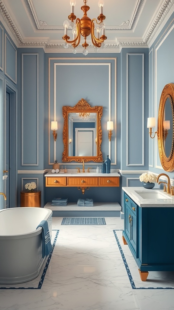 Elegant bathroom with blue walls, gold accents, and luxurious fixtures.