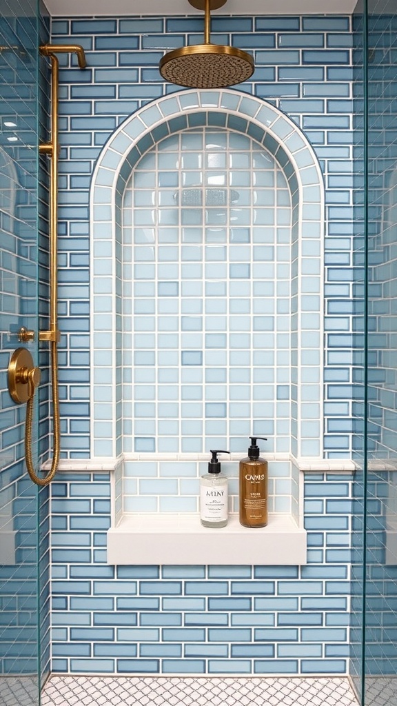A stylish blue shower niche with an arch design and gold fixtures.