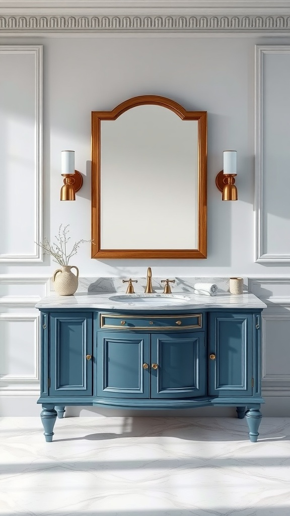 Stylish blue vanity with marble countertop and mirror in a luxurious bathroom