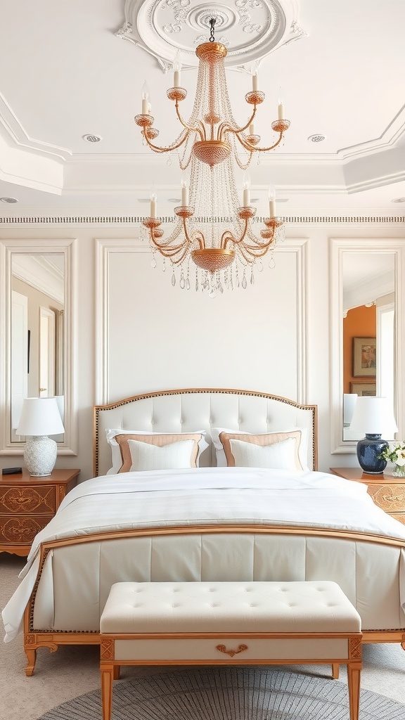 A beautiful blush chandelier hanging in a stylish bedroom with a white and gold color scheme.