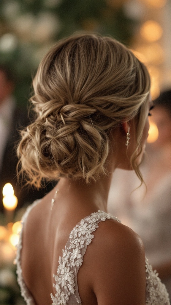 A close-up of an elegantly styled bob with loose waves, perfect for a bridesmaid.
