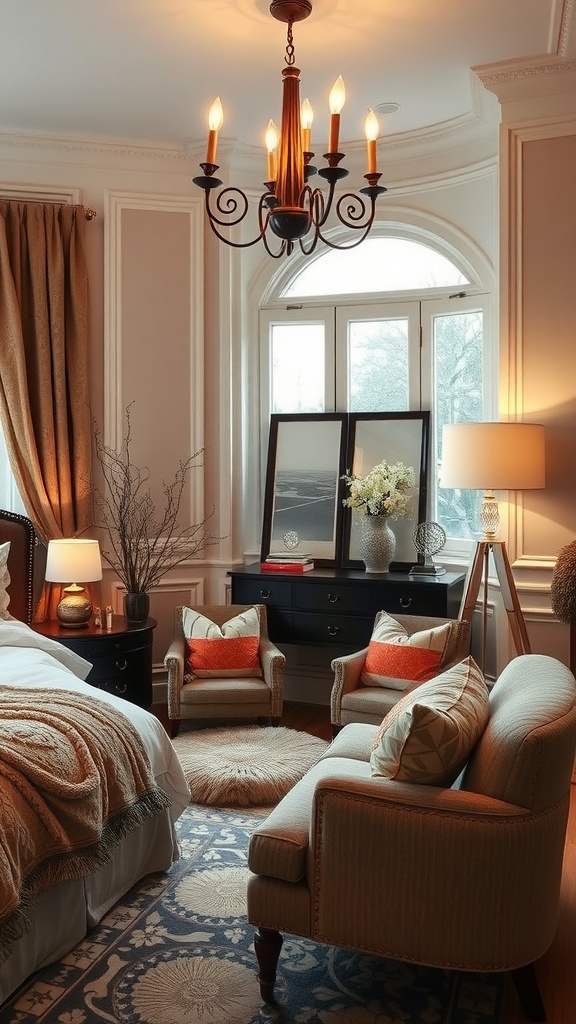 An elegant bedroom featuring a chandelier, cozy seating area, and soft lighting.