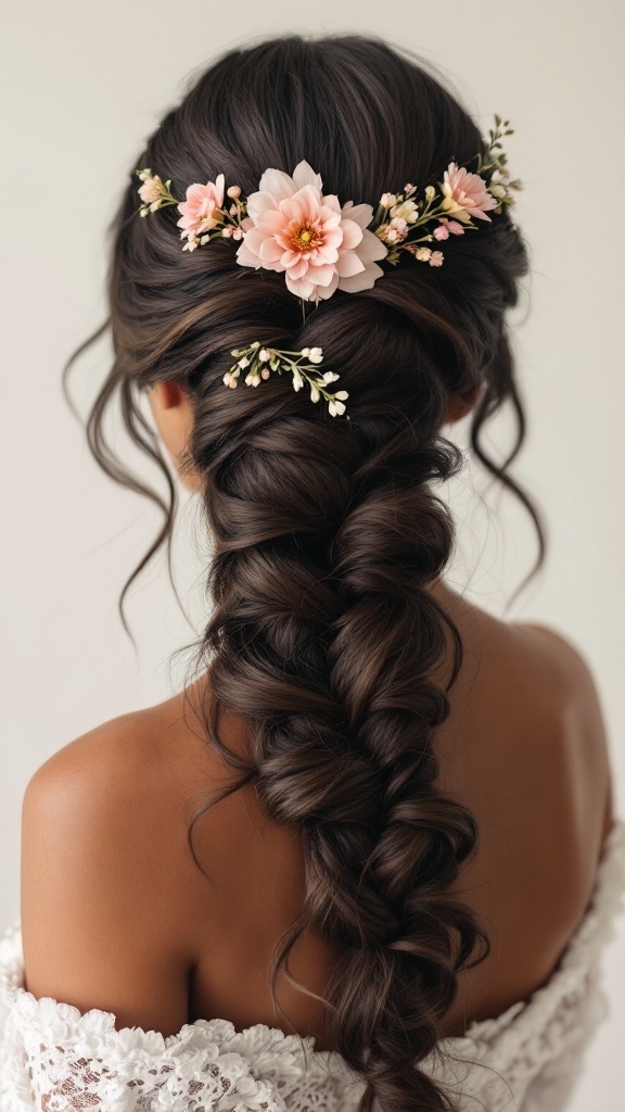 A woman with a braided crown hairstyle decorated with flowers.