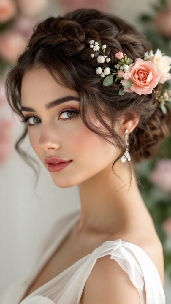 A bride with short hair styled in a braided crown, adorned with flowers.