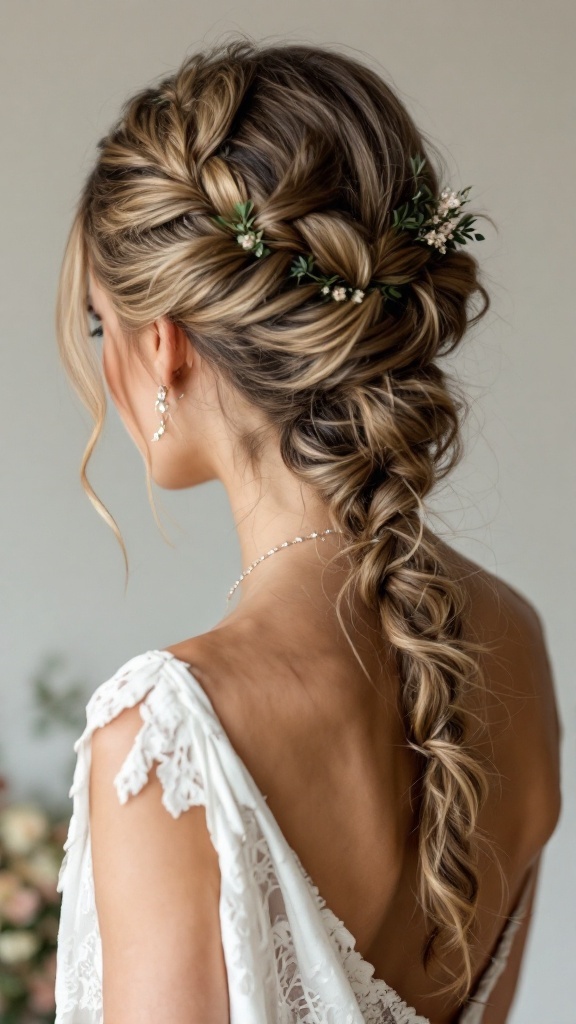 A beautiful braided crown hairstyle with soft waves, adorned with greenery and flowers, complementing a one-shoulder dress.