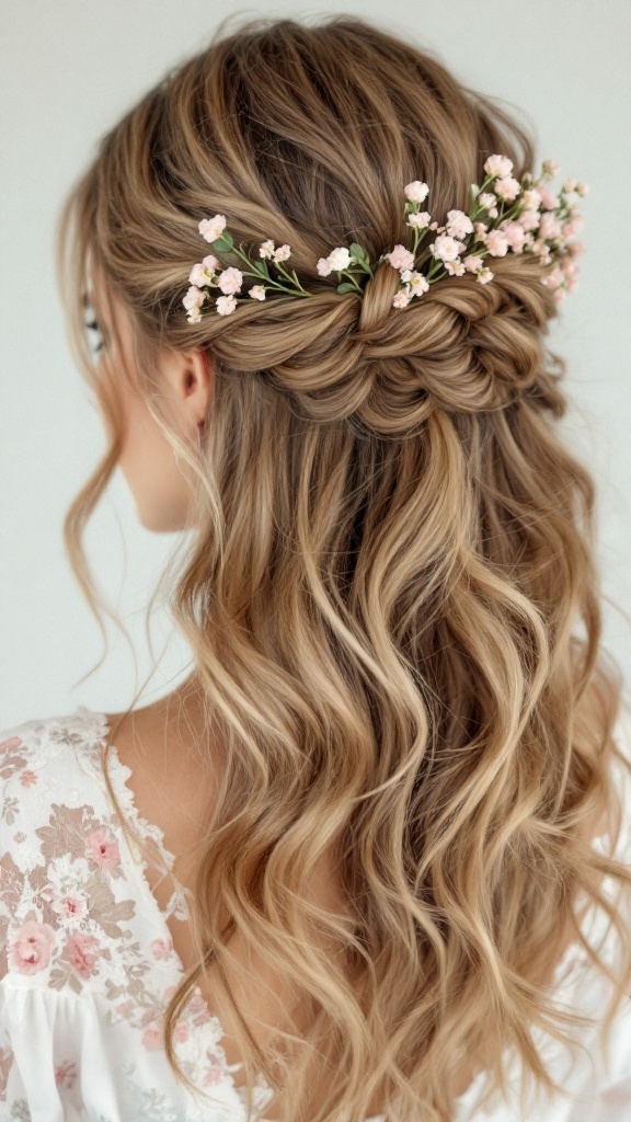 A woman with medium length wavy hair styled half up with a braided section and small pink flowers.