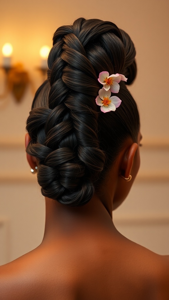 Elegant braided mohawk hairstyle adorned with flowers, seen from the back.