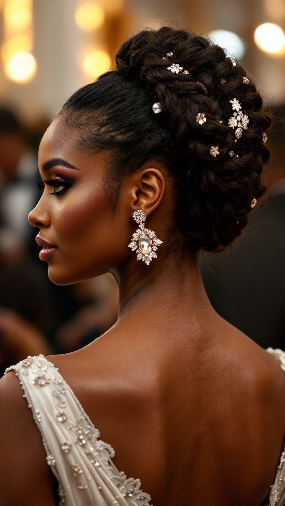 Elegant braided ponytail hairstyle decorated with hair accessories.