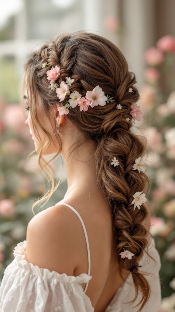 A woman with a braided side ponytail adorned with flowers, showcasing a romantic wedding hairstyle.