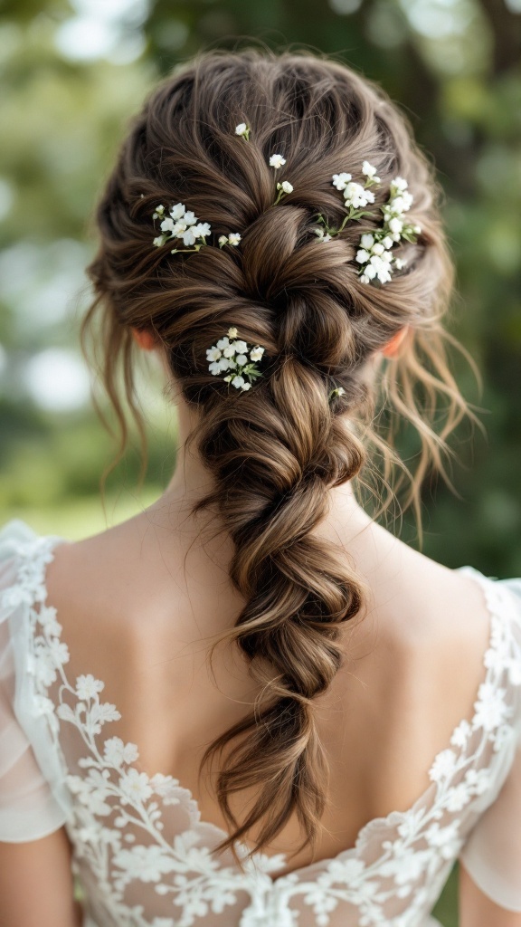 Elegant braided updo hairstyle for a flower girl with flowers woven in
