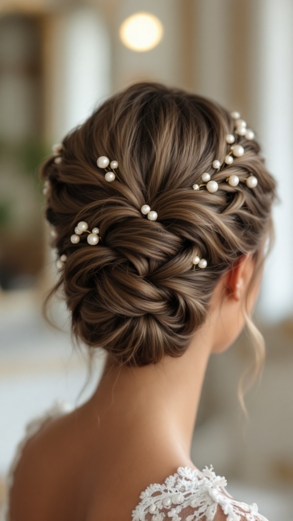 Elegant braided updo with pearls, showcasing intricate braiding and decorative elements.