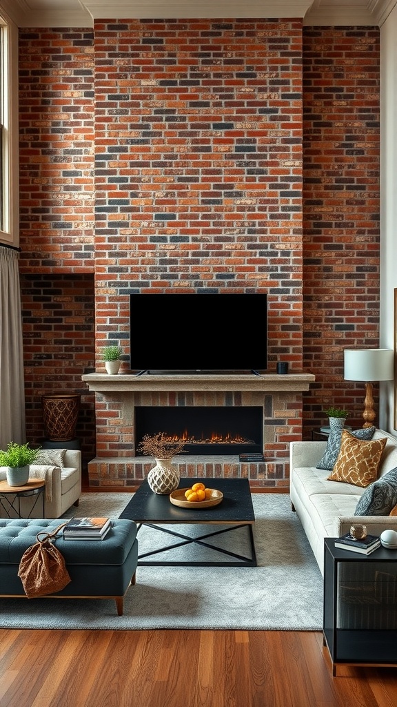 Living room with an elegant brick accent wall, featuring a modern fireplace and contemporary furniture.