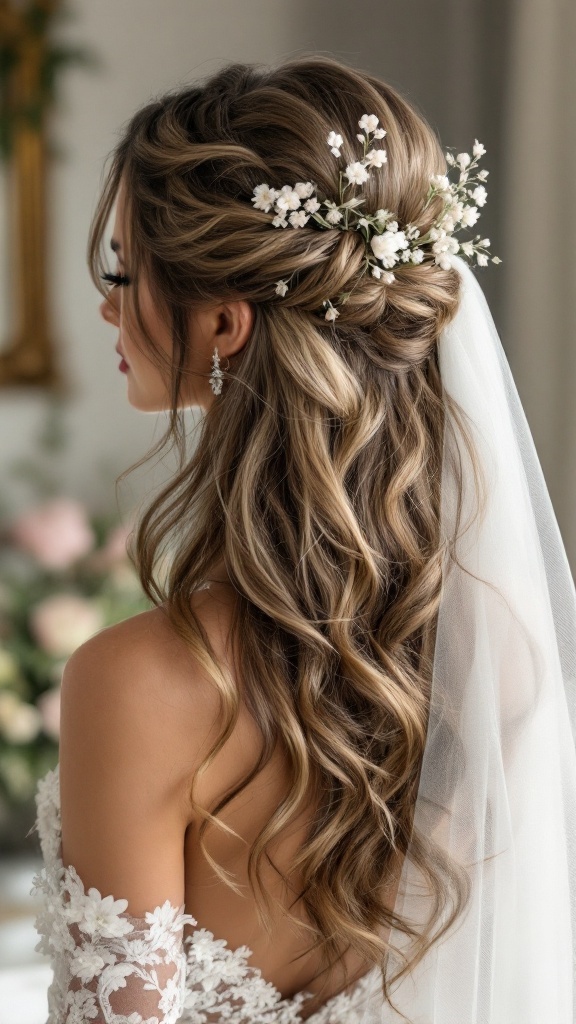 Bride with side part half up half down hairstyle adorned with flowers and curls.