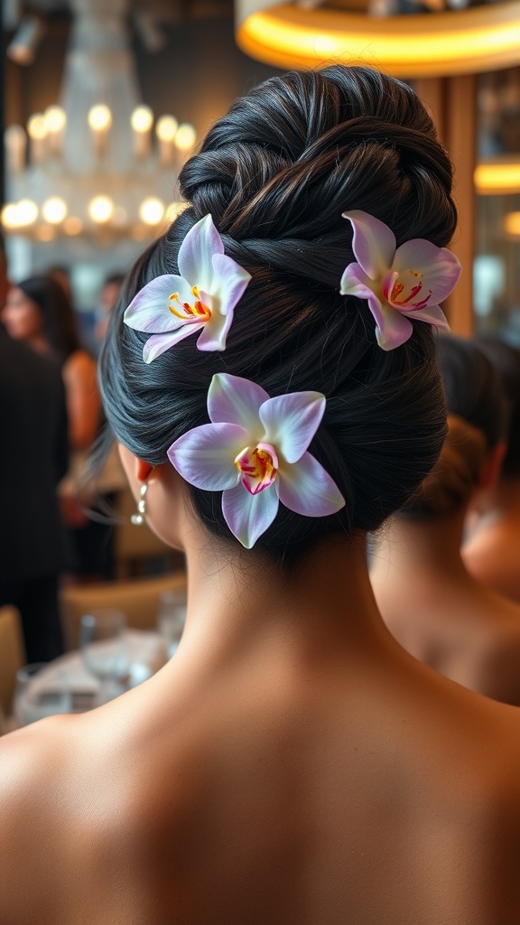 A woman with an elegant bun hairstyle decorated with purple orchids, showcasing a refined look.