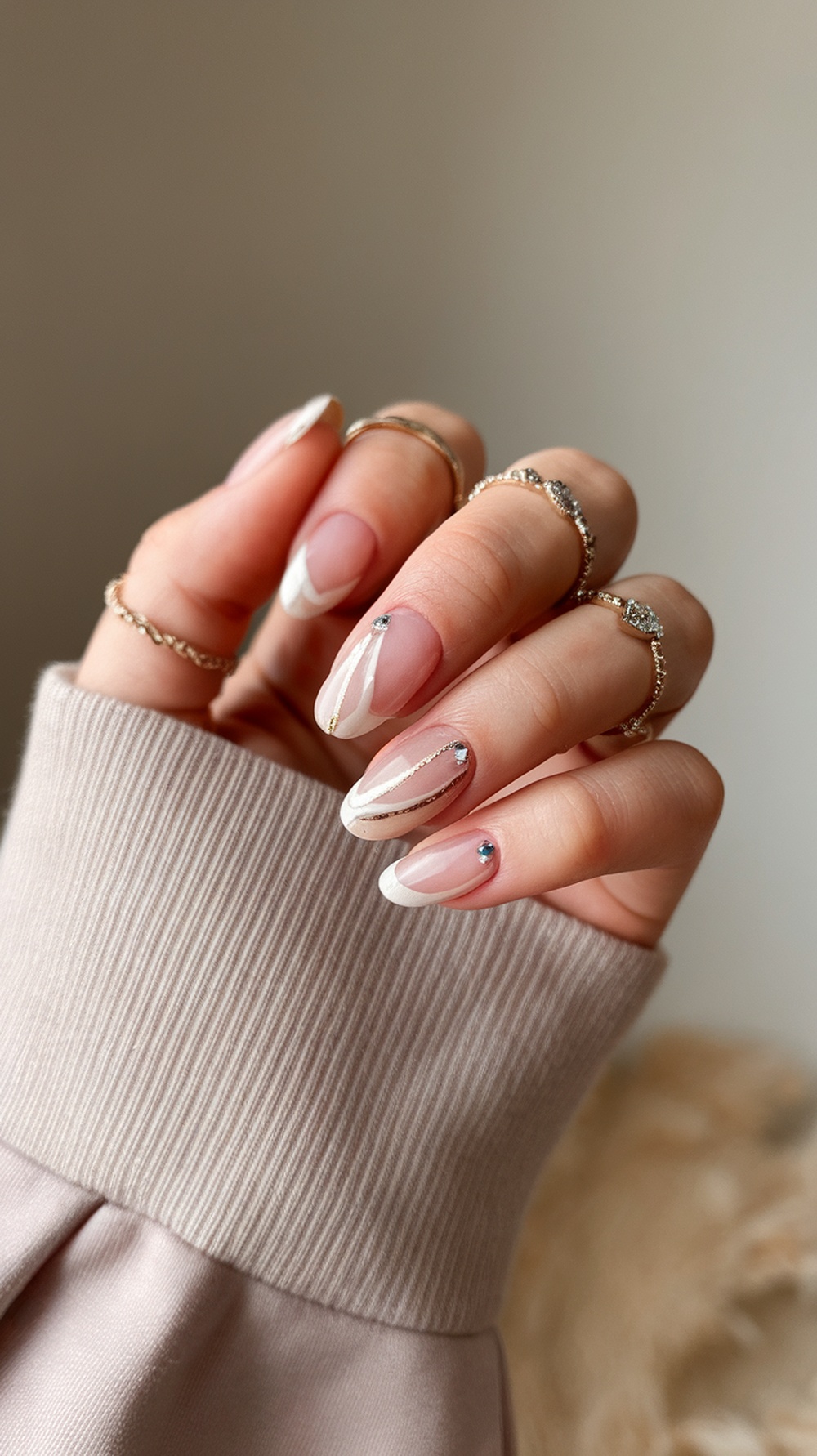 A close-up of elegantly manicured nails featuring burgundy French tips with gold accents and gemstones.