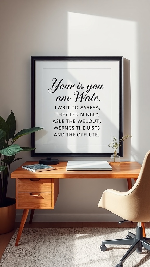 A framed calligraphy quote displayed on a wall above a wooden desk with a chair and decorative plant.
