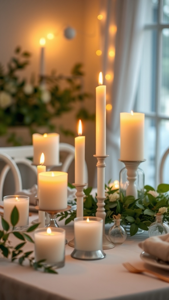 An elegant baby shower table decor featuring various candles and greenery, creating a warm ambiance.