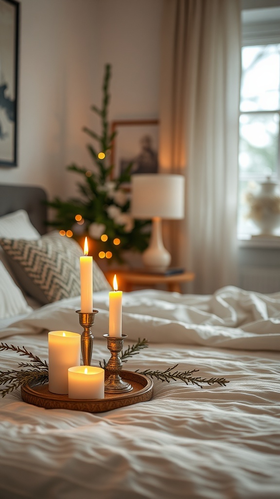 A cozy winter bedroom with candles arranged on a wooden tray, surrounded by evergreen branches.