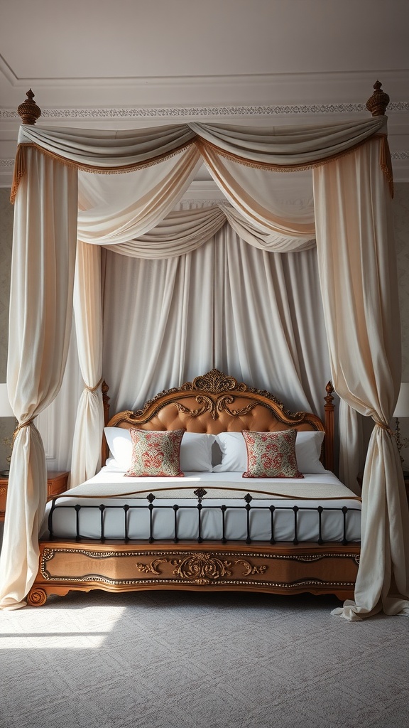 Elegant canopy bed with soft drapes and decorative cushions